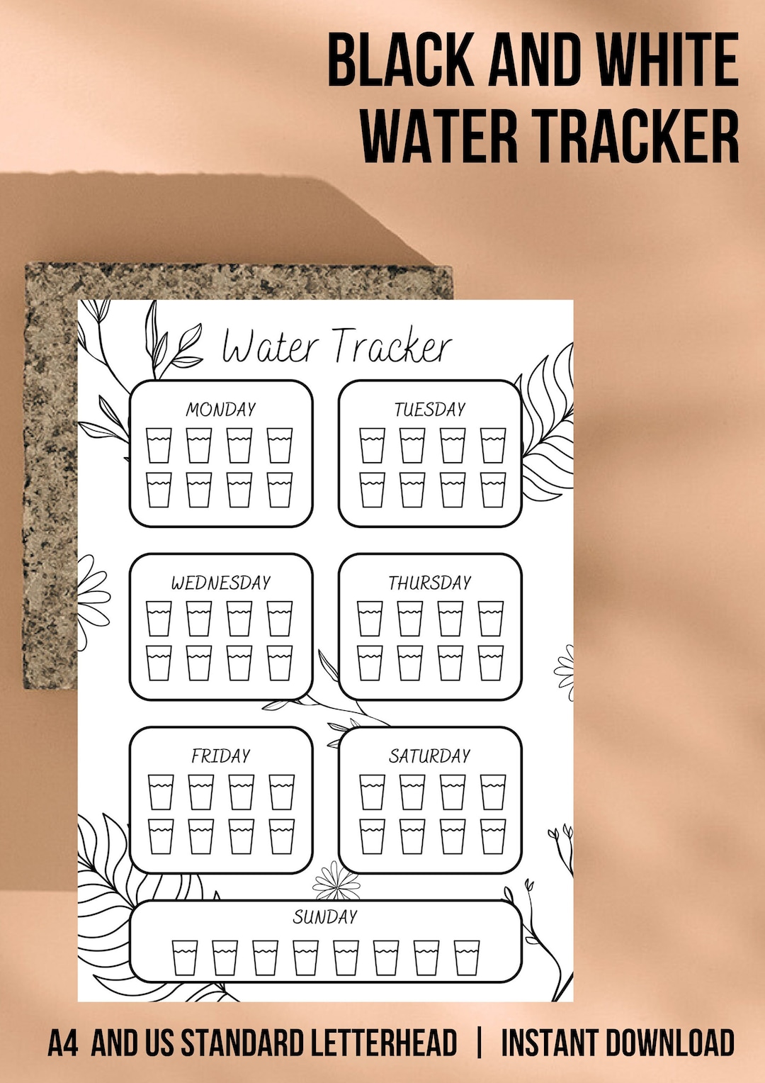 Water Tracker Printable A4 and US Letter Black and White - Etsy