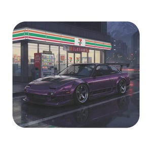 May include: A purple sports car is parked in front of a 7-Eleven store in a rainy urban setting. The car has a spoiler and custom wheels. The store has a red and green sign. The image has a digital art style.