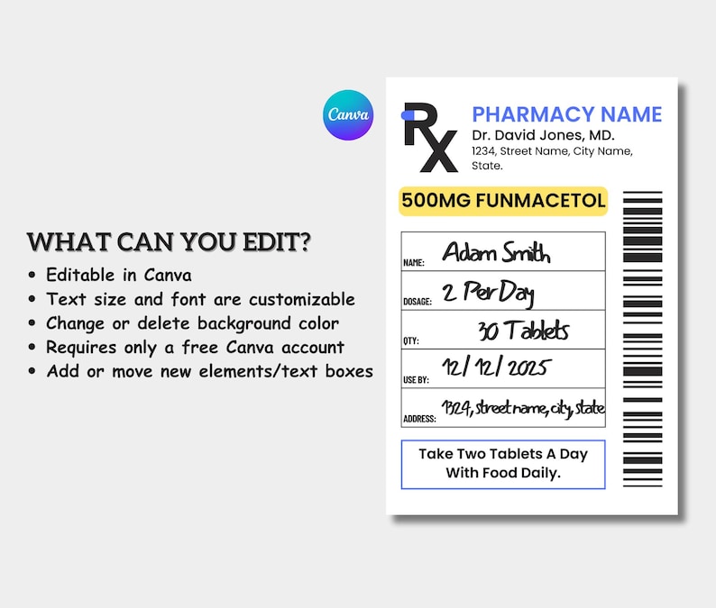 Prescription Label Template, Editable Prescription Label, Fun Pill ...