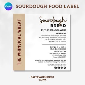 Sourdough Bread Cottage Label, Cottage Law Bakery Labels, Sourdough Label Template, Sourdough Ingredient Label,Sourdough Bread Ingredients.