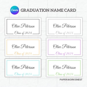 Plantilla de tarjeta de nombre de graduación editable, tarjetas de nombre de graduación de clase 2025 imprimibles, plantilla de tarjetas de nombre para graduados, tarjetas de clase de 2025.