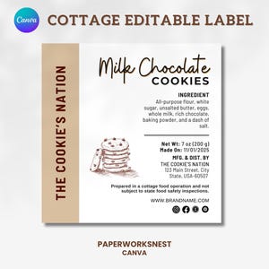 Cottage Cookie Label, Cottage Baking Label, Printable Food Label, Home Baked Goods Label, Home Bakery Stickers, Ingredient Label Template