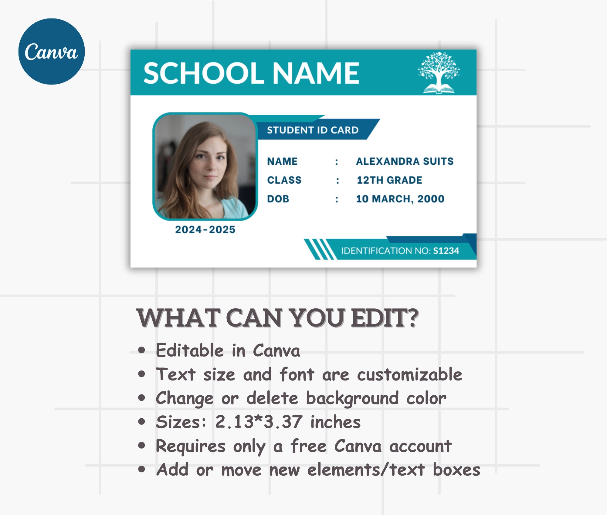 Student ID Card Template Editable School ID Homeschool Teacher Badge