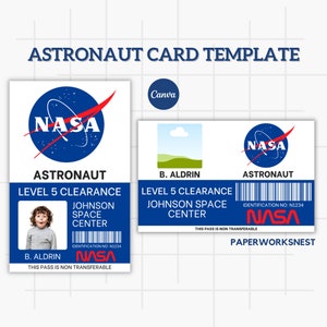 Plantilla de credencial de astronauta de la NASA, credencial con nombre, accesorio de astronauta espacial para disfraz de cosplay, boleto personalizado, obsequios de fiesta del espacio exterior imprimibles
