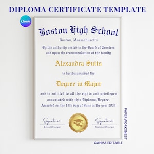 University Diploma, High School Diploma, Diploma Template, Canva Diploma, Graduation Diploma Template, Printable Canva High School Diploma.