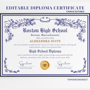Diploma de escuela secundaria, plantilla de diploma, diploma de educación en el hogar editable de Canva, plantilla de diploma de graduación, diploma de escuela secundaria de Canva imprimible