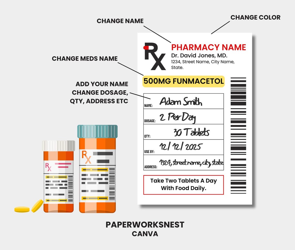 Fun Rx Label Prescription Label Template, Editable Prescription Label, Fun Pill ...