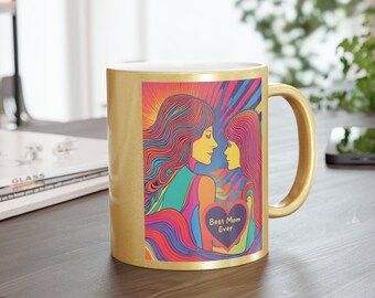 Personalised metallic gold ceramic coffee mug for best mom ever. Elegant drinking cup for best ever mom. Custom birthday day gift for mom.