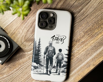 Tough iphone and galaxy phone case with family hiking at mountain as father day gift for dad who loves hiking. Unique phone cover for hiker.