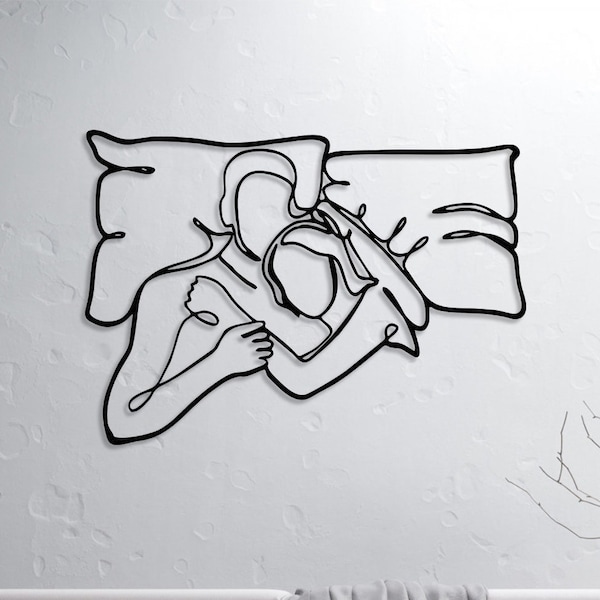 ABRAZANDO PAREJA Arte de pared de metal, Arte de línea de hombre y mujer, Decoración sobre la cama, Arte de una línea de pareja romántica, Regalo del día de San Valentín, Arte de línea de abrazos