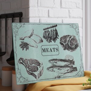 MEATS Vintage Illustration Glass Cutting Board, Vintage Illustration, Meat, cutting board, kitchen accessories, kitchen, farm kitchen