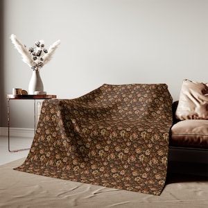 Dark Brown Floral Sweatshirt Blanket, One-sided print, Free Shipping, Soft Sweatshirt Feel, 2 Sizes, Couch, Bed, Guest Room, Gift