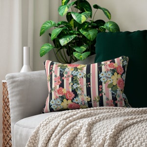 Fresh Blooms on Stripes Spun Polyester Lumbar Pillow, Decorative Lumbar Pillow, Throw Pillow, Couch, Bed, Bedding, Gift for Her, Sunroom