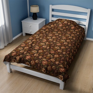 Dark Brown Floral Velveteen Plush Blanket, One Sided Print, White underside, Decorative throw, Fall/Winter Blanket, Bed, Couch, Office, Den