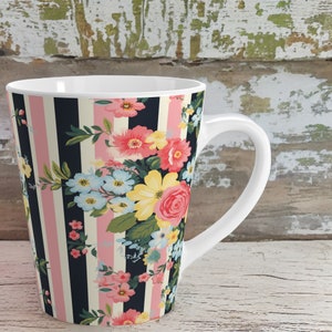 Fresh Blooms on Stripes Latte Mug, Ceramic Coffee Mug, Coffee Shop Mug, Coffee, Tea, Cocoa, Floral Mug, Cup, Gift for Her, Black and Pink