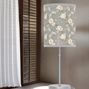 Gray Floral Lamp on a Stand, US|CA plug, Gray Trim, White or Silver finish, High resolution printing, Steel Lamp, Free Shipping