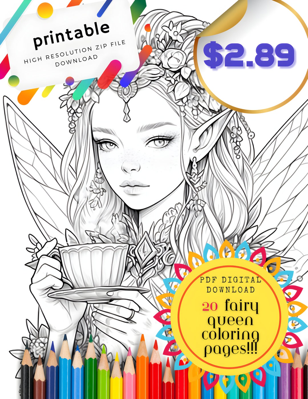 Fairy Queen Coloring Pages, Digital Download, Grayscale, Relax, Fairies