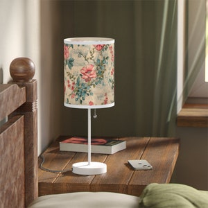 Distressed Pink Floral Lamp on a Stand, US|CA plug, Desk Lamp, Office, Bedroom, Home Decor, Steel Base, Table Lamp, Housewarming Gift