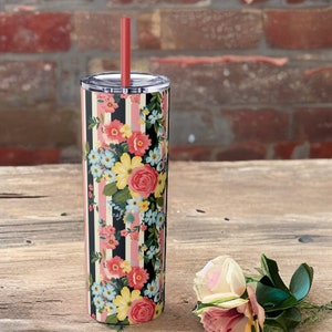 Fresh Blooms on Stripes Skinny Tumbler with Straw, 20oz, Stainless Steel, 3 colors, BPA Free, NonToxic, Striped Design, Floral, Iced,Hot