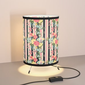 Fresh Blooms on Stripes Tripod Lamp with High-Res Printed Shade, Desk Lamp, Table Lamp, Office Decor, Home Decor, Housewarming Gift