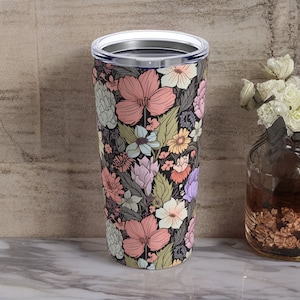 Floral Tumbler 20oz, Coffee Tumbler, Flowers, Travel Mug, Beverage, Vacuum insulated, Coffee, Tea, Iced Tea, Work, Gift for Her