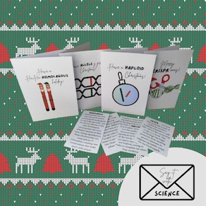 Multipack de genética: 4 cartões de Natal divertidos com temas de ciências/biologia