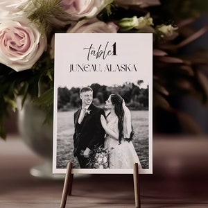 Pacchetto numeri di tabella per foto di matrimonio a tema viaggio, segnaletica per matrimonio di destinazione, modello personalizzato con immagini di anniversario