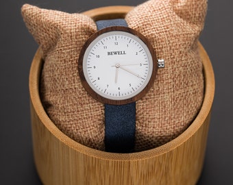 Nussbaum Holz Damen Uhr mit veganem Lederband und Holz Uhrenbox