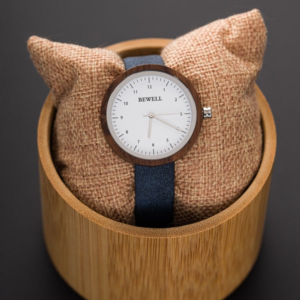 Walnut Wood Women Watch with Vegan Leather Strap and Wooden Watch Box