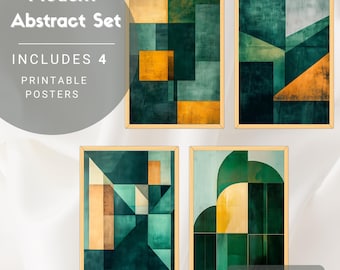Art Deco Geometric Print Set of 4 Green Gold Autumn Abstract Wall Art Digital Download