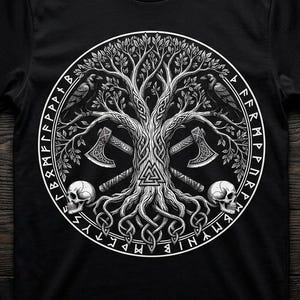 May include: A black short-sleeve t-shirt featuring a large white circular graphic on the chest. The design depicts a detailed tree with two crossed axes, two ravens, two skulls, a central valknut symbol, and a border of runic characters.