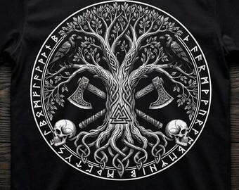 May include: A black short-sleeve t-shirt featuring a large white circular graphic on the chest. The design depicts a detailed tree with two crossed axes, two ravens, two skulls, a central valknut symbol, and a border of runic characters.