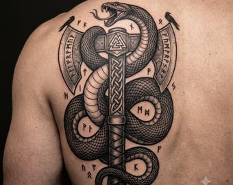 May include: A black and gray tattoo on a back featuring a double-headed axe with a central hammer head marked with a Valknut symbol. A large snake coils around the axe handle and blades, accompanied by two small birds and various runic inscriptions.