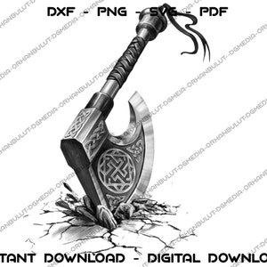 May include: A black and white digital illustration of a battle axe embedded in a cracked ground surface. The axe features intricate Celtic knotwork engravings on the blade and a wrapped handle. Text at the top reads DXF - PNG - SVG - PDF.