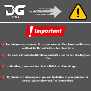 May include: A gray informational graphic featuring the DG Media logo, a right-pointing arrow, and a yellow warning triangle. It includes a red banner labeled Important and four bullet points with red pushpin icons explaining digital file download steps.