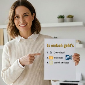 May include: A woman is pointing at a white paper with the text "So einfach geht's" in gold. The paper lists steps: "1. Download", "2. Zipdatei", and "3. Word-Vorlage". The woman wears a cream-colored sweater.