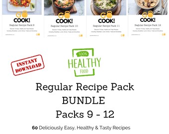 May include: A digital product bundle for healthy recipes. The image shows four recipe covers with photos of food, the text "COOK!" and the words "Regular Recipe Pack" with numbers 9-12. The image also includes the text "Instant Download", "100% Healthy Food", "Regular Recipe Pack Bundle", "Packs 9-12", "60 Deliciously Easy, Healthy & Tasty Recipes", "Including: Breakfast, Lunch Dinner, Smoothies & Treats", and "4 Weekly Menu Plans & 4 Weekly Shopping Lists".