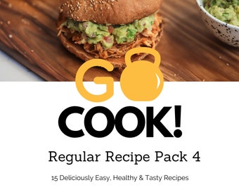 May include: A digital download for a recipe pack with 15 easy, healthy, and tasty recipes. The cover image features a delicious-looking chicken sandwich with guacamole and the text "GO COOK! Regular Recipe Pack 4".