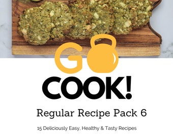May include: A close-up of a wooden cutting board with six green and white cookies on top. The cookies are arranged in a semi-circle. The cutting board is on a white background. The text "Go Cook! Regular Recipe Pack 6" is below the image. The text "15 Deliciously Easy, Healthy & Tasty Recipes" is below the text "Go Cook! Regular Recipe Pack 6". The text "Including: Breakfast, Lunch Dinner, Smoothies & Treats, Menu Plan & Shopping List" is below the text "15 Deliciously Easy, Healthy & Tasty Recipes".