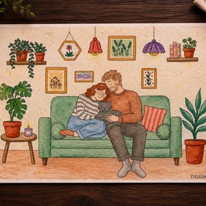 Peut inclure: Une illustration à l'aquarelle sur papier représentant deux personnes assises sur un canapé vert avec un chat gris. La pièce comprend des étagères avec des plantes en pot, des cadres muraux, une petite table avec une bougie et une plante au sol. La signature FIELEDAM est visible.