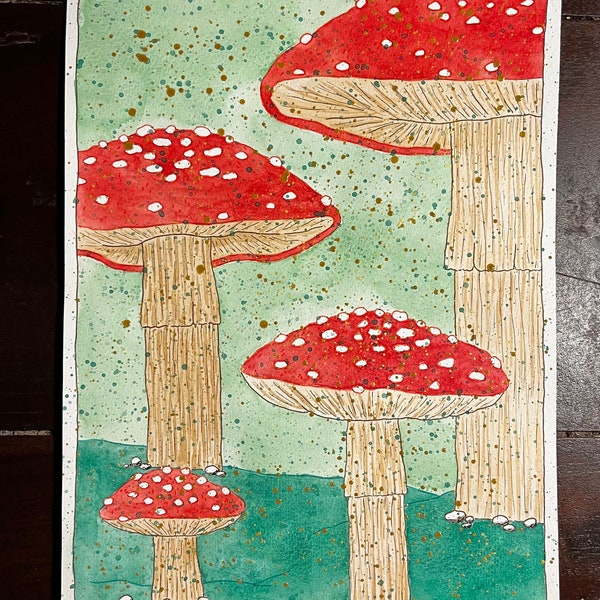 Dessin aquarelle avec champignons rouge à pois blancs