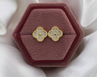 18K Gold Plated Over 925 Sterling Silver Moissanite Four Leaf Dainty Clover Stud Earrings, Screw Back Earring, Gift For Her
