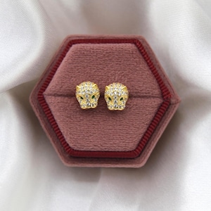 925 Sterling Silver Jaguar/Leopard Cat Stud Earrings, Green Eyed Panther Dainty Earrings, Cubic Zirconia Earrings, Gift For Her
