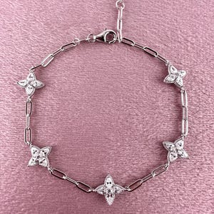 925 Sterling Silver 4 Leaf Clover Link Bracelet, Diamond Four Leaf, Floral Wedding Bracelet, Flower Bracelet, Silver Bracelet, Gift For Her