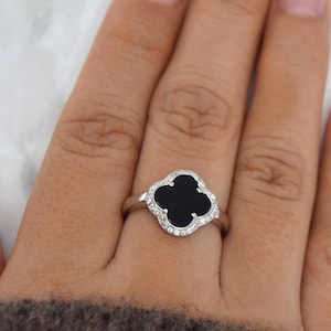 925 Sterling Silver Black Clover Ring, Four Leaf Clover Ring, Black Ring, Floral Ring, Good Luck Charm, Rings For Women, Gift For Her