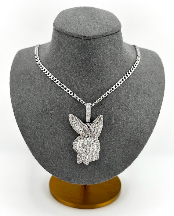 925 Sterling Silver Playboy Bunny Baguette 3D Pendant