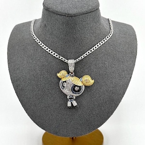 Iced Out 925 Sterling Silver Round Cut 3D PowerPuff Girls Bubbles Necklace