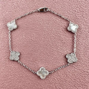925 Sterling Silver Clover Bracelet, Four Leaf Clover Bracelet, Mother Of Pearl,4 Leaf Flower, Floral Jewelry,Women Bracelet,Good Luck Charm