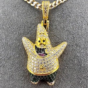 Iced Out 18K Gold Plated over 925 Sterling Silver Round Cut 3D SpongeBob Patrick Character Necklace, Cartoon Pendant, Christmas Gift
