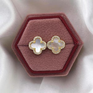 18K Gold Plated Over 925 Solid Sterling Silver 4 Leaf Clover Stud Earrings, CZ Four Leaf Studs, Floral Wedding Studs, Flower Earrings